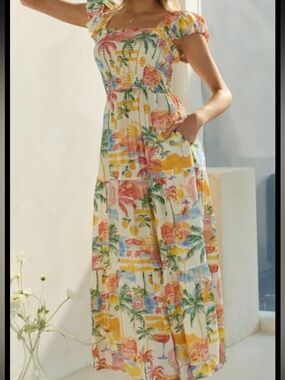 Smocked Tropical-Print Maxi Dress in Multicolor